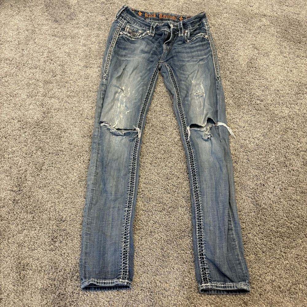 Rock Revival Angie Straight Skinny Embellished Blue Jeans 26 28x30 Distressed